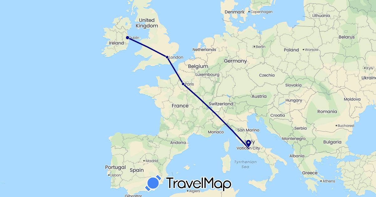 TravelMap itinerary: driving in France, United Kingdom, Ireland, Italy (Europe)